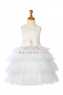White Taffeta and Tulle Halter V Neck Tiered Princess Dress