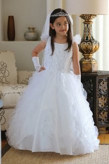 White Taffeta Organza Ruffles Communion Dress MDR1438-WH