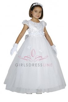White Tulle Mesh Organza Glittered Flower Girl Dress B1078-WH