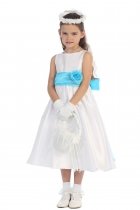 White/Aqua Flowers and Sash Flower Girl Dress