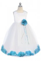 White/Aqua Sleeveless Satin Flower Petal Flower Girl Dress