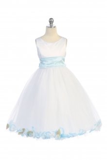 White/Baby Blue Satin & Tulle Flower Girl Dress with Petals & Sash