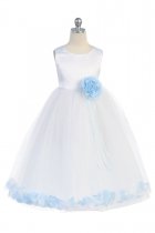 White/Baby Blue Sleeveless Satin Flower Petal Flower Girl Dress