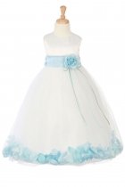 White/Baby Blue Sleeveless Satin Flower Petal Flower Girl Dress with Sash
