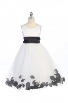 White/Black Satin & Tulle Flower Girl Dress with Petals & Sash