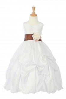 White/Brown Taffeta Pick Up Flower Girl Dress with Sash