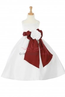 White/Burgundy Bridal Satin A-line Spaghetti Dress with Sash
