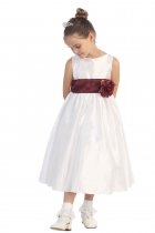 White/Burgundy Flowers and Sash Flower Girl Dress