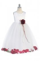 White/Burgundy Sleeveless Satin Flower Petal Flower Girl Dress