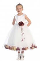 White/Burgundy Sleeveless Satin Flower Petal Flower Girl Dress