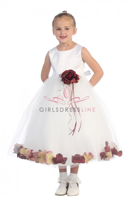 White/Burgundy Sleeveless Satin Flower Petal Flower Girl Dress