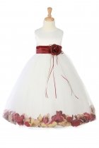 White/Burgundy Sleeveless Satin Flower Petal Flower Girl Dress with Sash