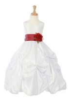 White/Burgundy Taffeta Pick Up Flower Girl Dress with Sash