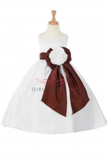White/Choco Bridal Satin A-line Spaghetti Dress with Sash