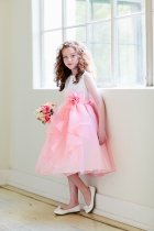 White/Coral Satin and Organza Ruffled Flower Girl Dress