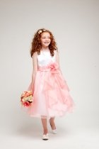 White/Coral Sleeveless Satin and Organza Ruffled Flower Girl Dress