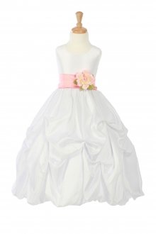 White/Coral Taffeta Pick Up Flower Girl Dress with Sash