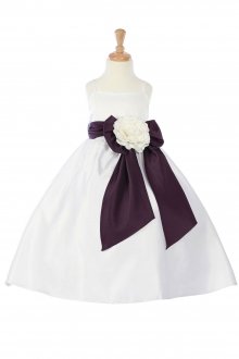 White/Eggplant Bridal Satin A-line Spaghetti Dress with Sash