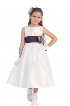White/Eggplant Flowers and Sash Flower Girl Dress