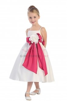 White/Fuchsia Bridal Satin A-line Spaghetti Dress with Sash