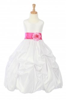 White/Fuchsia Taffeta Pick Up Flower Girl Dress with Sash