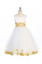 White/Gold Satin & Tulle Flower Girl Dress with Petals & Sash