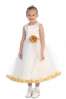 White/Gold Sleeveless Satin Flower Petal Flower Girl Dress