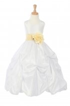 White/Gold Taffeta Pick Up Flower Girl Dress with Sash