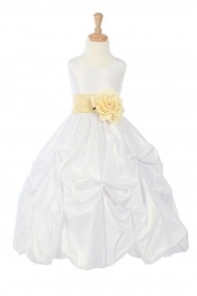 White/Gold Taffeta Pick Up Flower Girl Dress with Sash