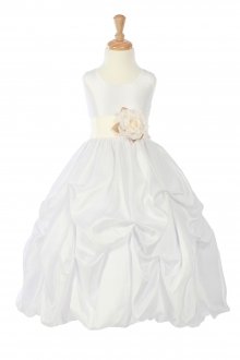 White/Ivory Taffeta Pick Up Flower Girl Dress with Sash