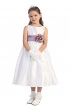 White/Lavender Flowers and Sash Flower Girl Dress