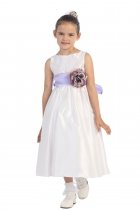White/Lilac Flowers and Sash Flower Girl Dress