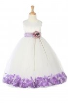 White/Lilac Sleeveless Satin Flower Petal Flower Girl Dress with Sash