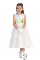 White/Lime Flowers and Sash Flower Girl Dress