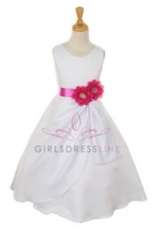 White/Magenta Bridal Dull Satin Flower Girl Dress