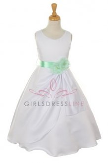 White/Mint Bridal Dull Satin Flower Girl Dress