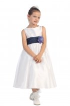 White/Navy Blue Flowers and Sash Flower Girl Dress