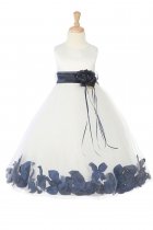 White/Navy Blue Sleeveless Satin Flower Petal Flower Girl Dress with Sash