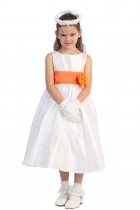 White/Orange Flowers and Sash Flower Girl Dress