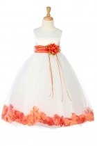 White/Orange Sleeveless Satin Flower Petal Flower Girl Dress with Sash