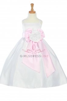 White/Pink Bridal Satin A-line Spaghetti Dress wih Satin