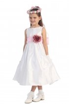 White/Pink Flowers and Sash Flower Girl Dress