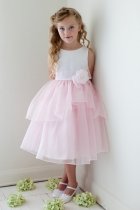 White/Pink Satin Top Organza Layered Flower Girl Dress