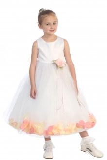 White/Pink Sleeveless Satin Flower Petal Flower Girl Dress