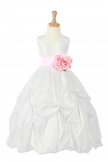 White/Pink Taffeta Pick Up Flower Girl Dress with Sash