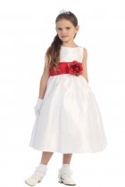 White/Red Flowers and Sash Flower Girl Dress