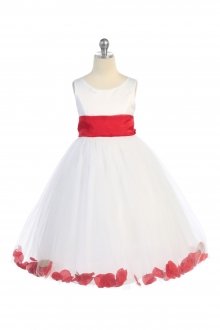 White/Red Satin & Tulle Flower Girl Dress with Petals & Sash