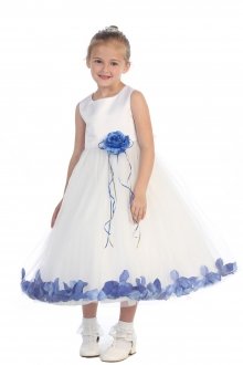 White/Royal Sleeveless Satin Flower Petal Flower Girl Dress