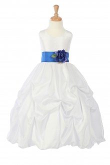 White/Royal Taffeta Pick Up Flower Girl Dress with Sash