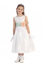 White/Sage Flowers and Sash Flower Girl Dress